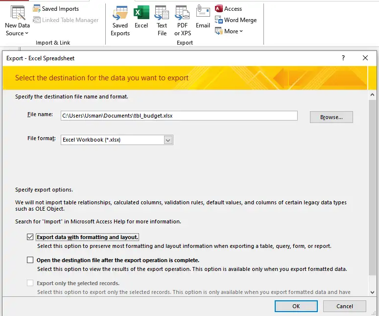 MS Access to Excel Export from Menu