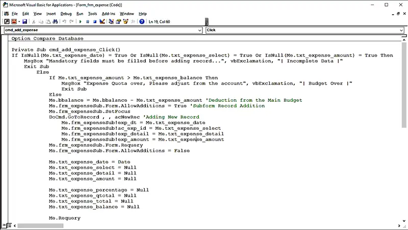 MS Access VBA code window