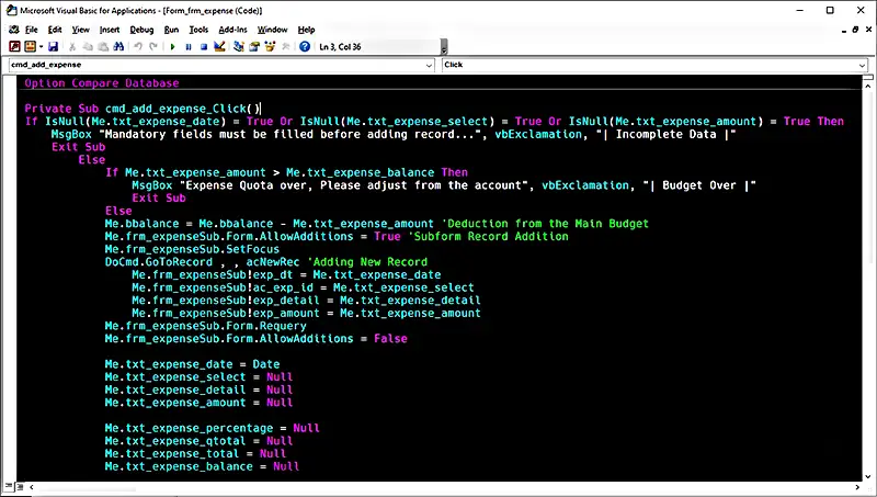 MS Access VBA Code Dark